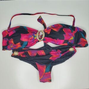 Victoria's Secret Bikini Set L XS Black Pink Lily Print Bold Floral Rhinestone